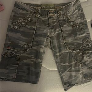 VINTAGE Y2K Miss Me Gray Camouflage Cargo Jorts /Shorts with rhinestones / bling